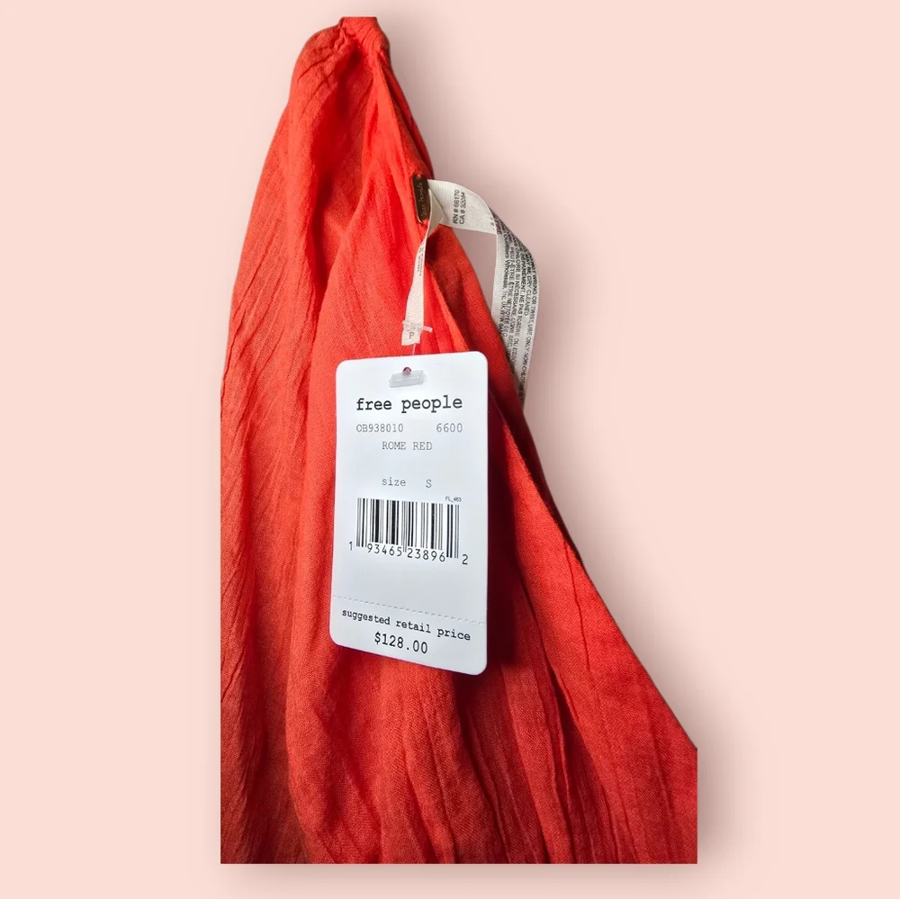 Free People Peasant Sleeve Red Cropped Bell Drawstring Women's Top Size Small - Picture 3 of 3